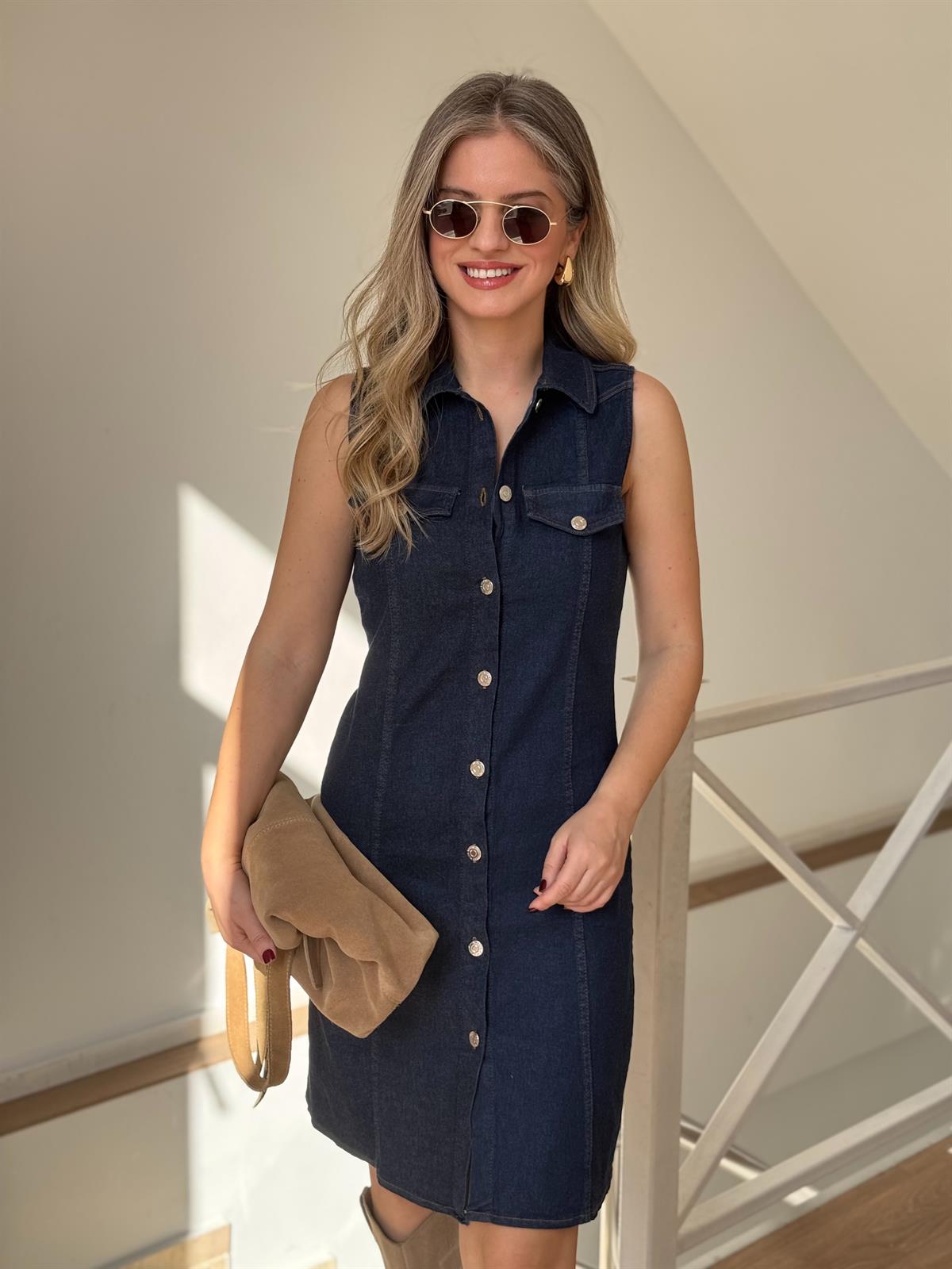 Önü Düğmeli Denim Elbise