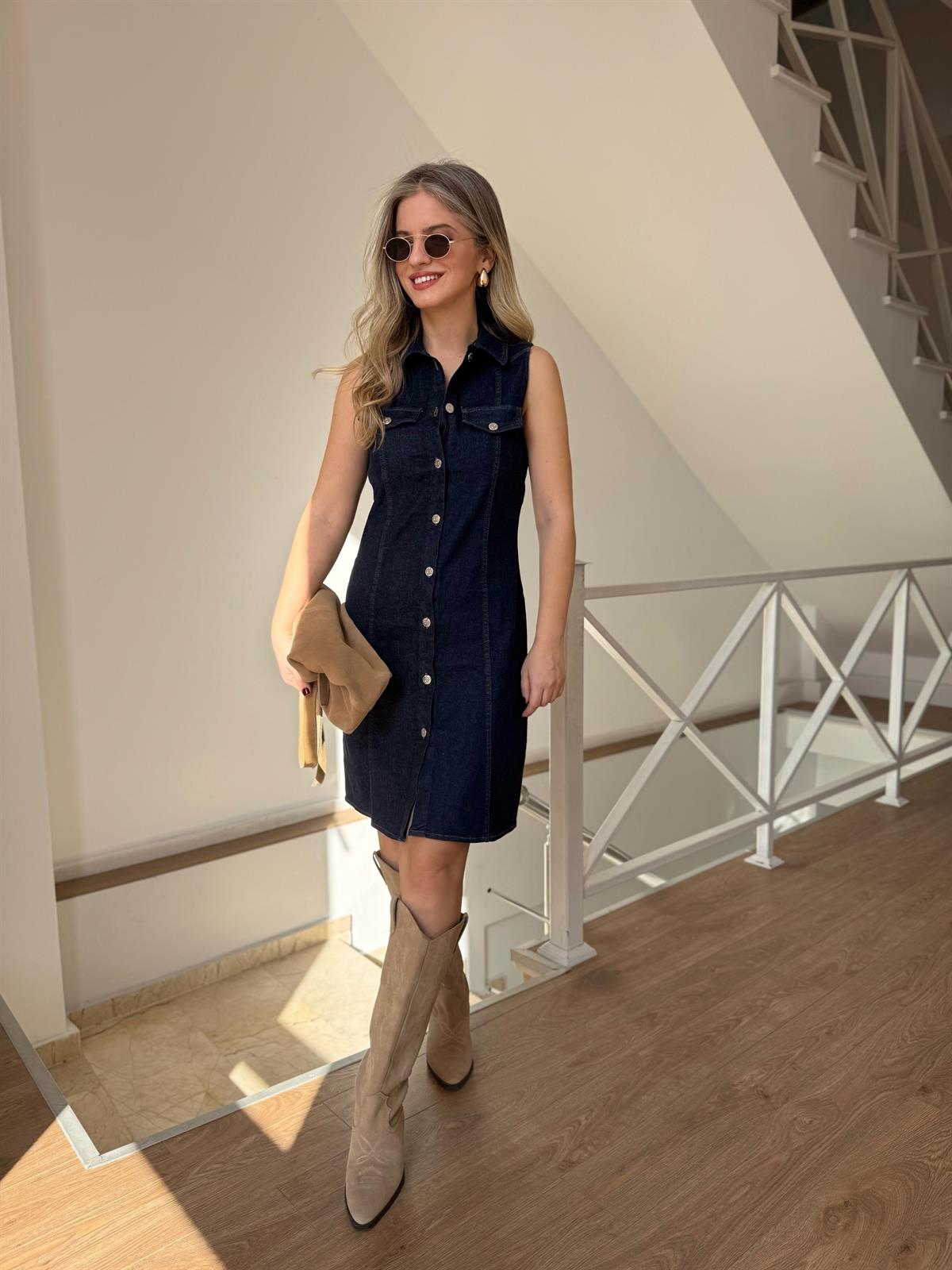 Önü Düğmeli Denim Elbise