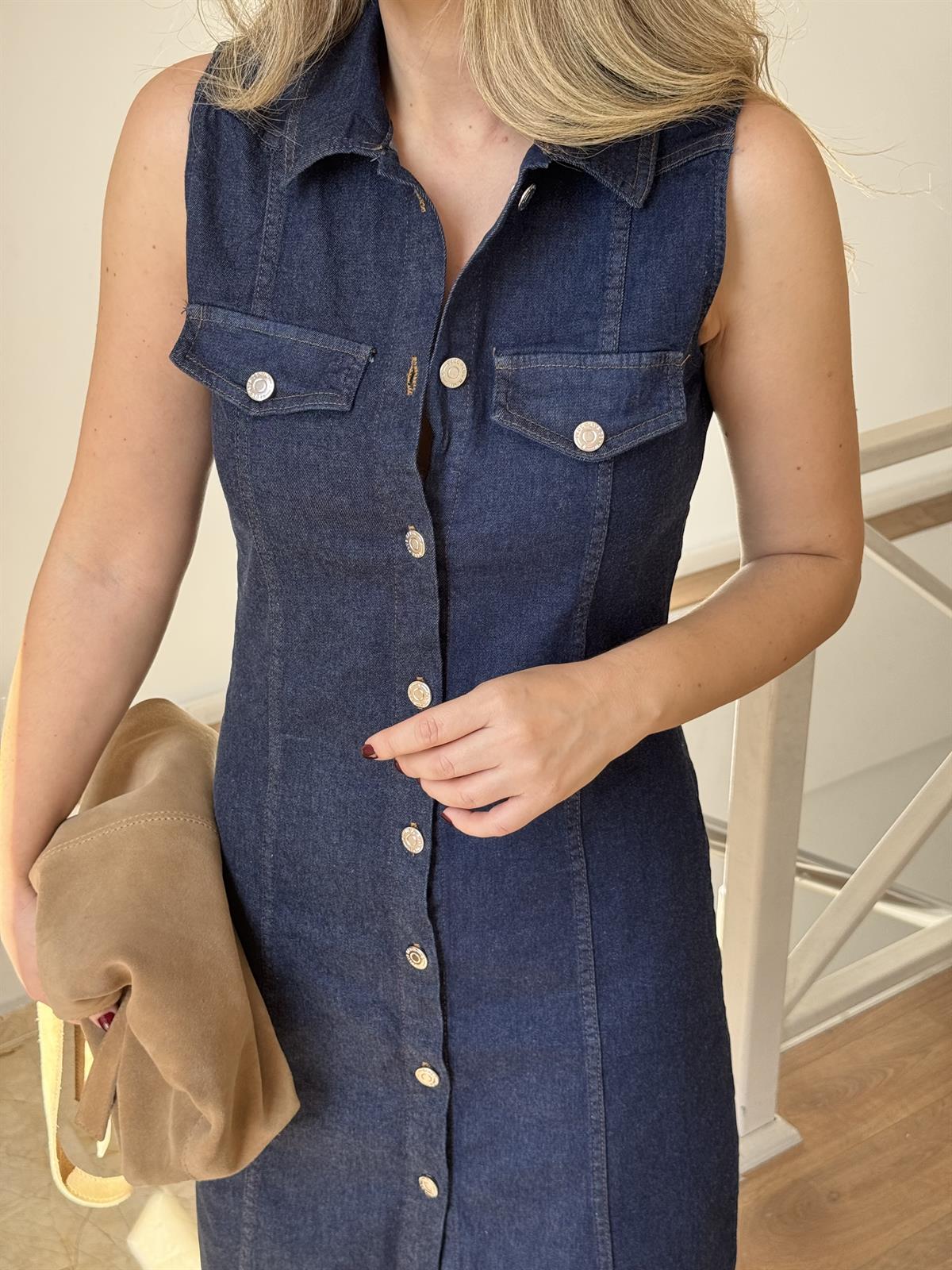 Önü Düğmeli Denim Elbise