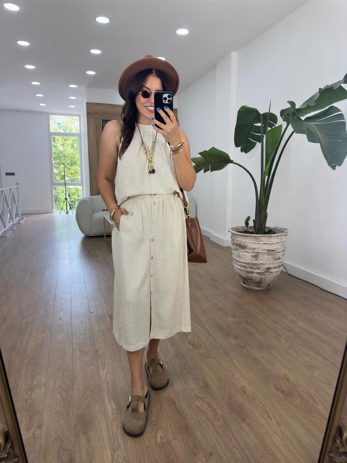 Önü Düğmeli Natürel Keten Etek