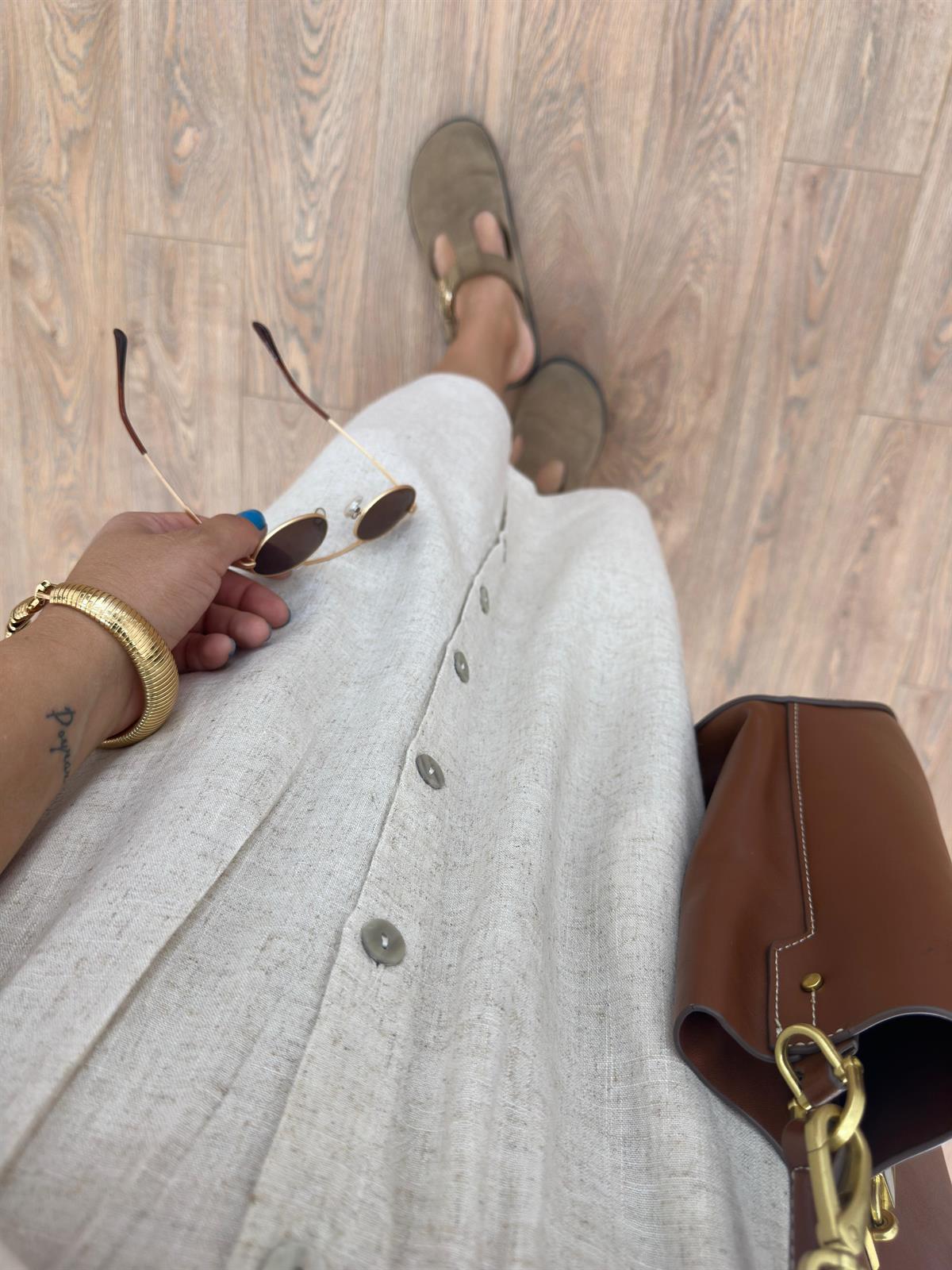 Önü Düğmeli Natürel Keten Etek