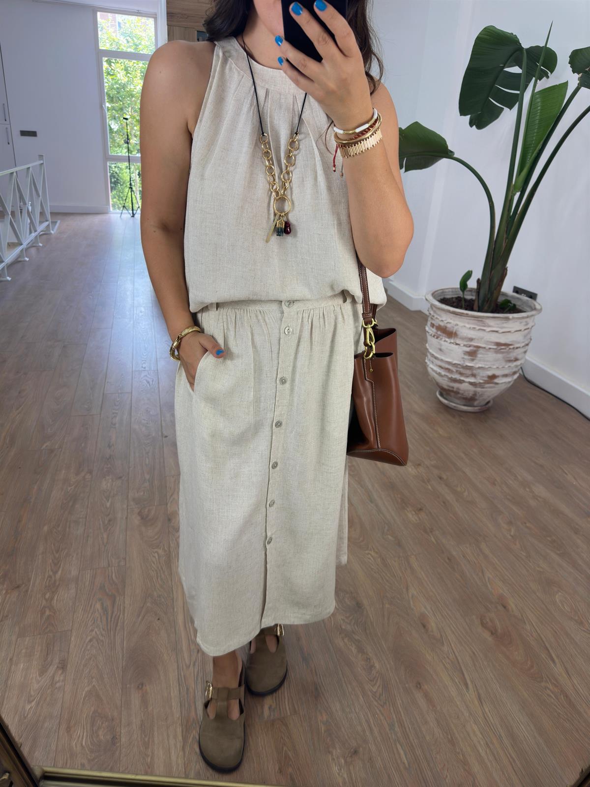 Önü Düğmeli Natürel Keten Etek