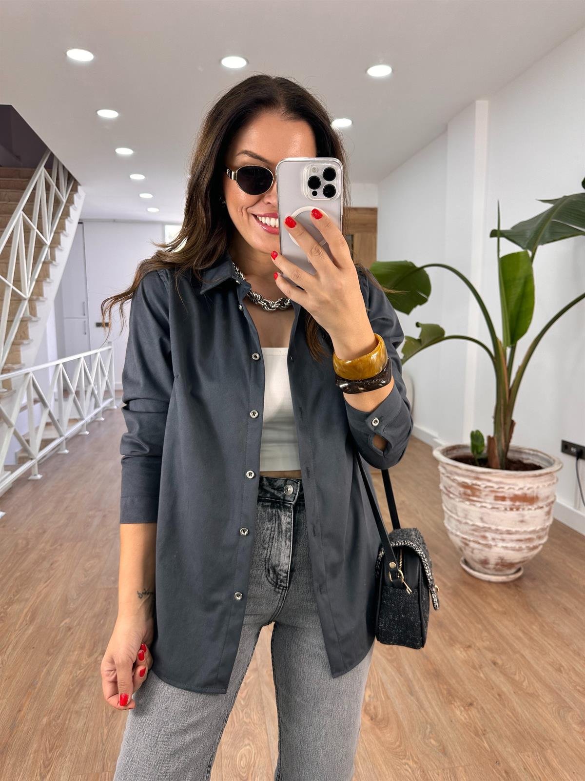 Önü Düğmeli Süet Gömlek - Antresit