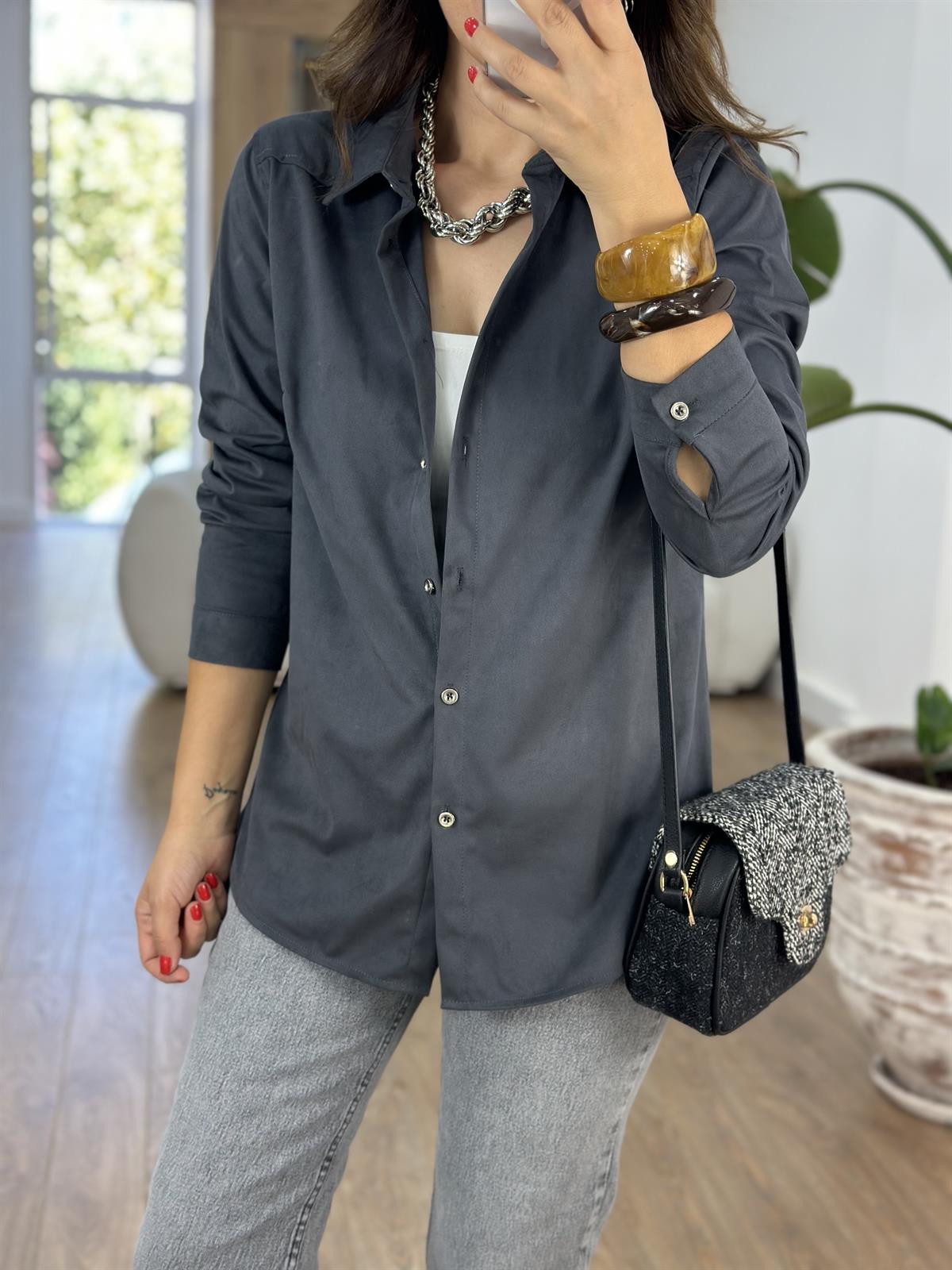Önü Düğmeli Süet Gömlek - Antresit