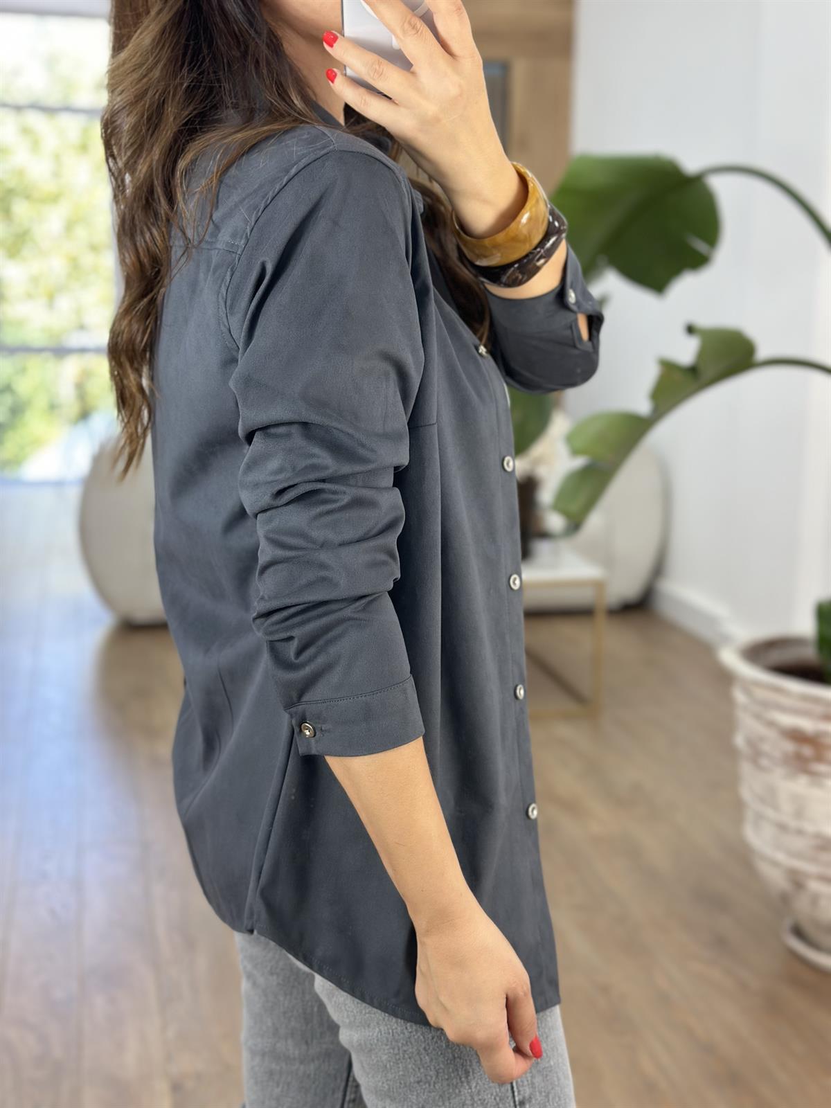 Önü Düğmeli Süet Gömlek - Antresit
