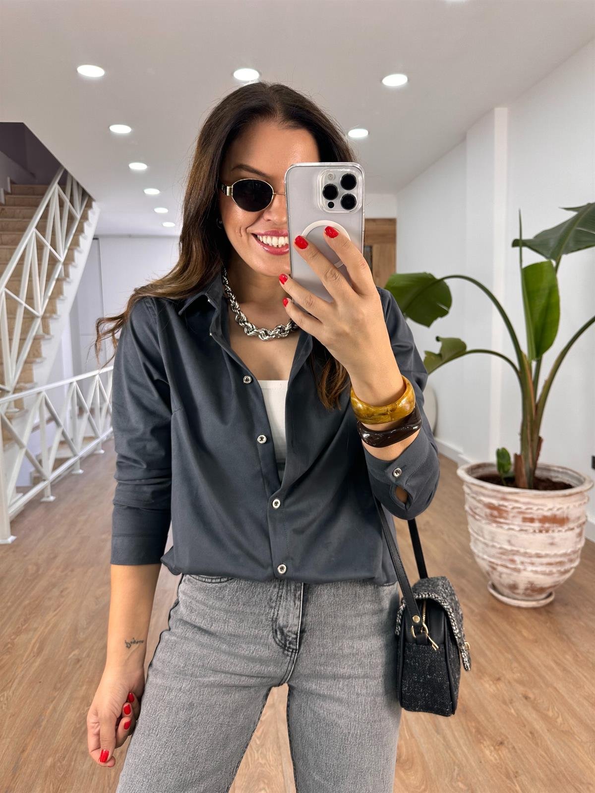 Önü Düğmeli Süet Gömlek - Antresit