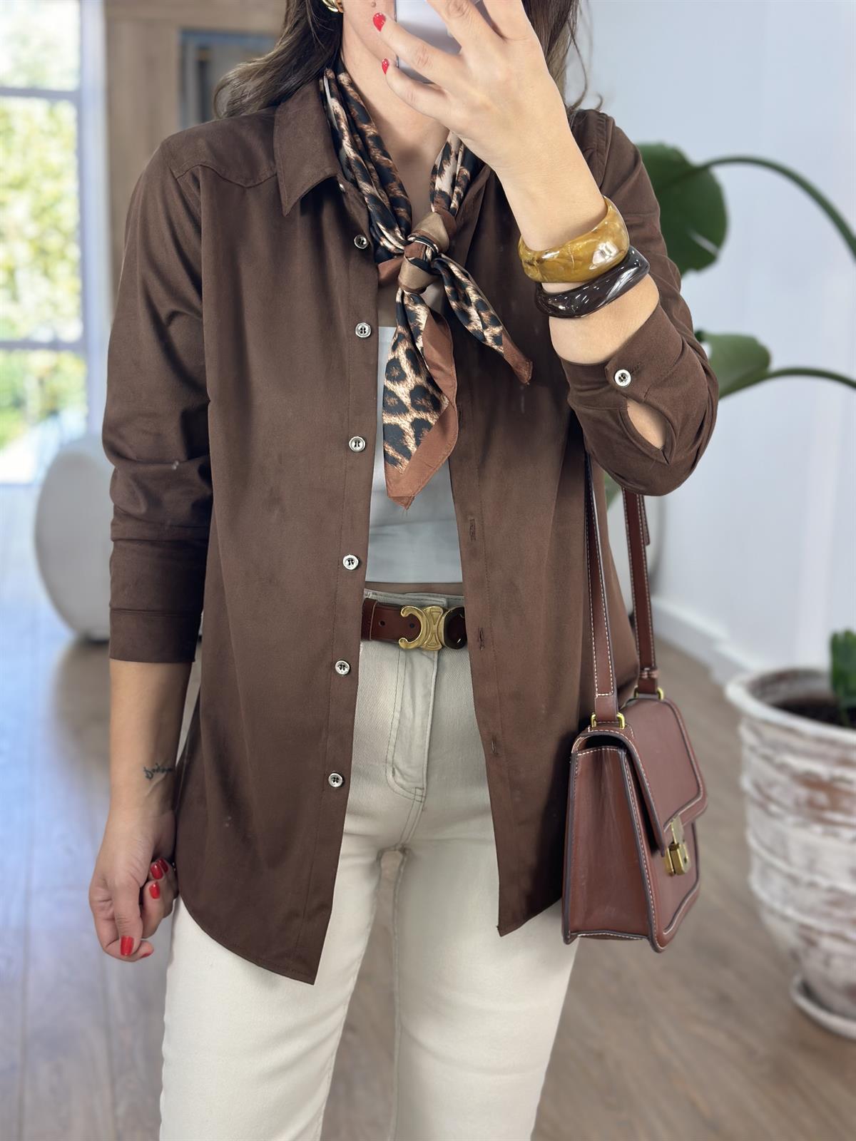 Önü Düğmeli Süet Gömlek - Kahverengi