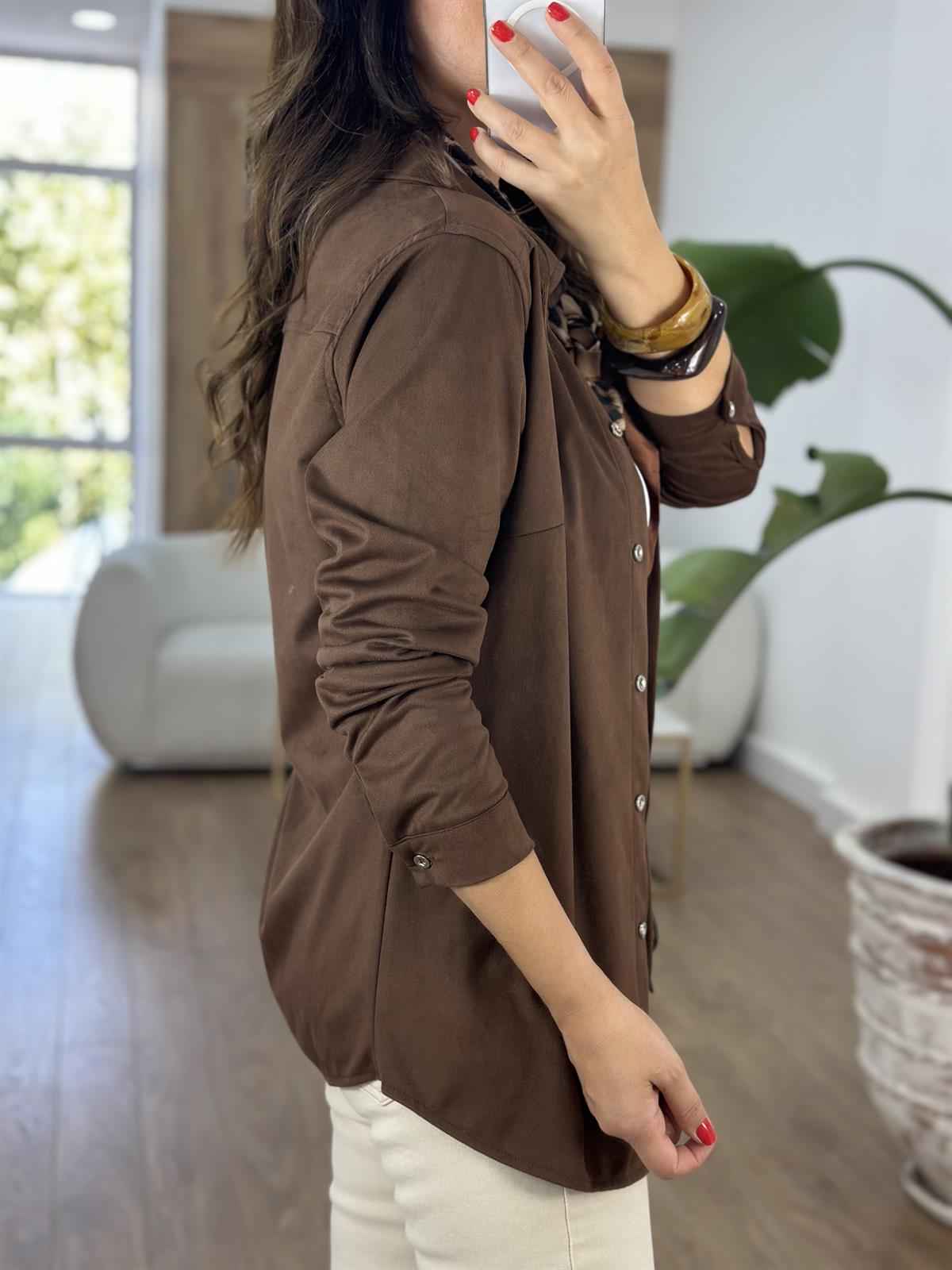 Önü Düğmeli Süet Gömlek - Kahverengi