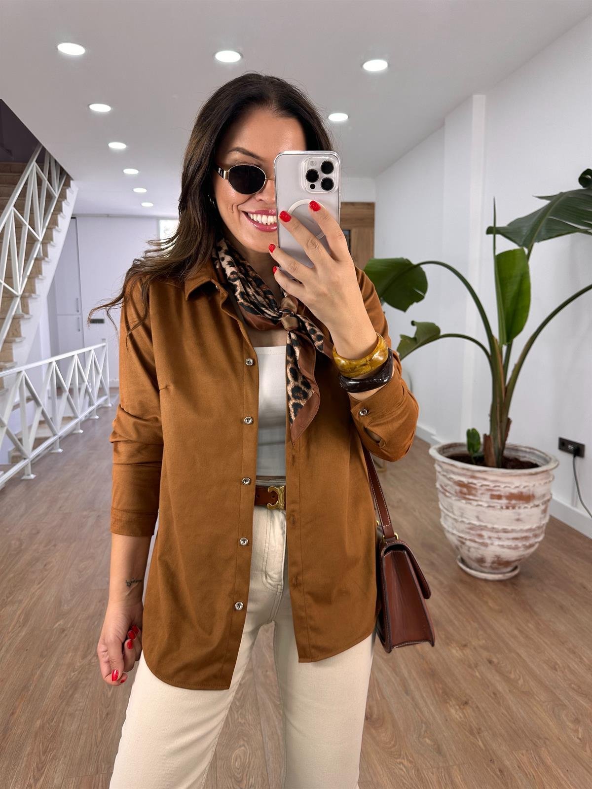 Önü Düğmeli Süet Gömlek - Taba