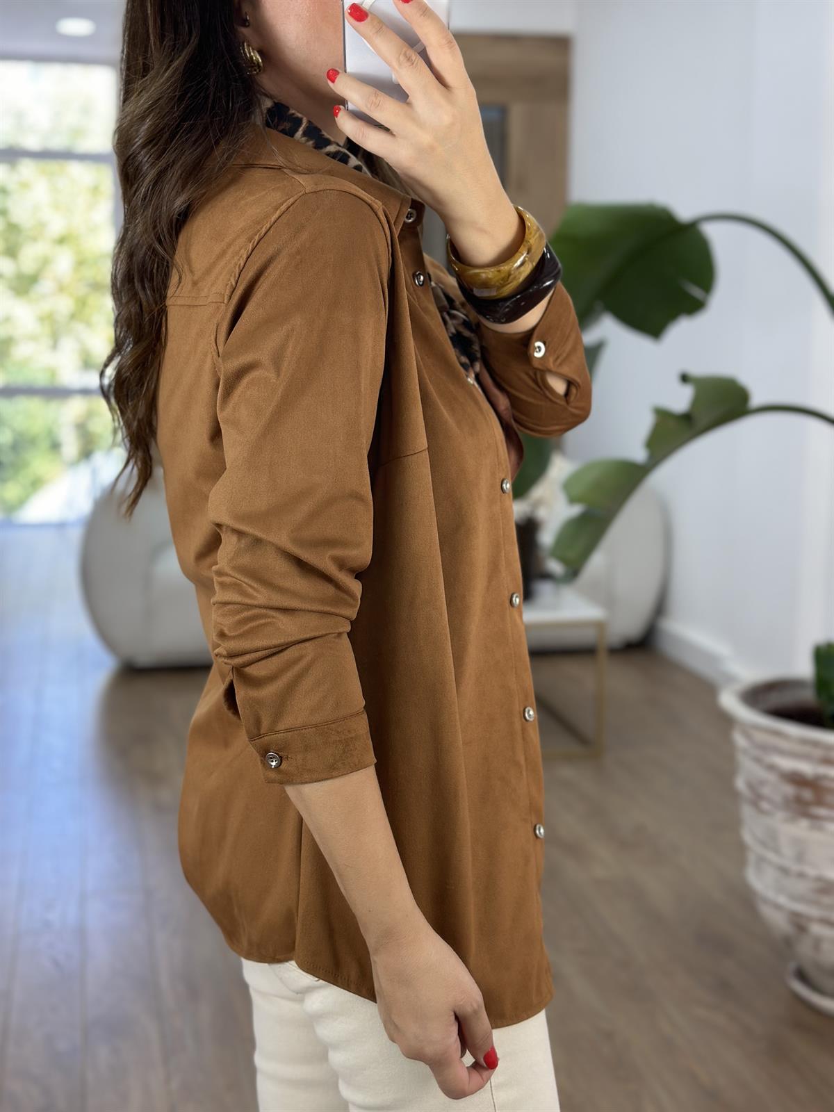 Önü Düğmeli Süet Gömlek - Taba