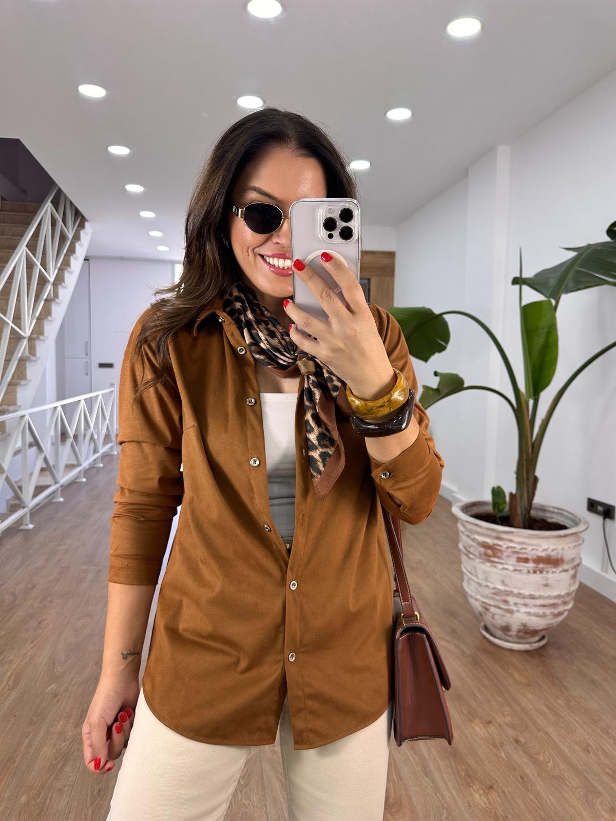 Önü Düğmeli Süet Gömlek - Taba