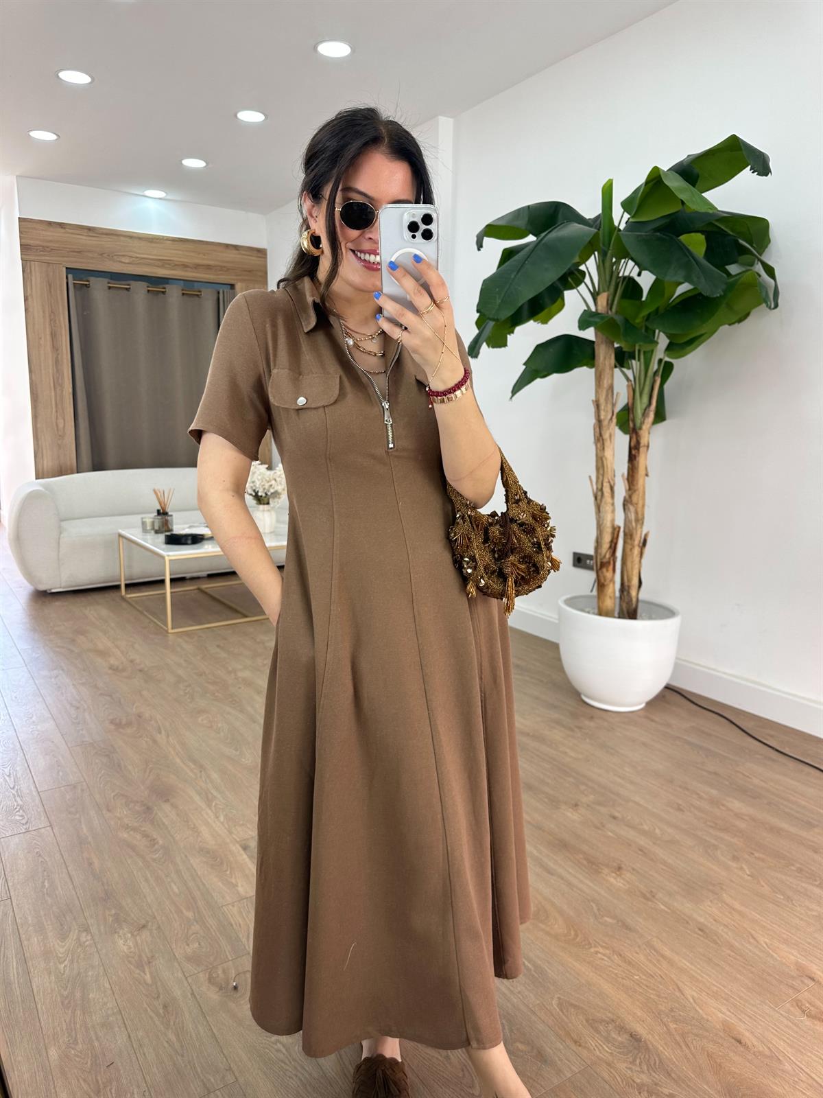 Önü Fermuar Detaylı Midi Elbise - Kahverengi