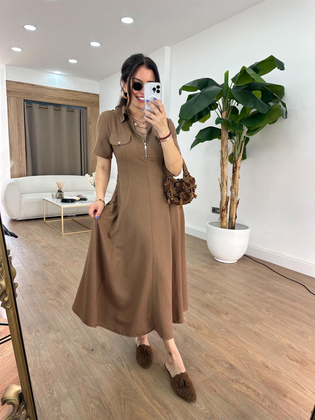Önü Fermuar Detaylı Midi Elbise - Kahverengi