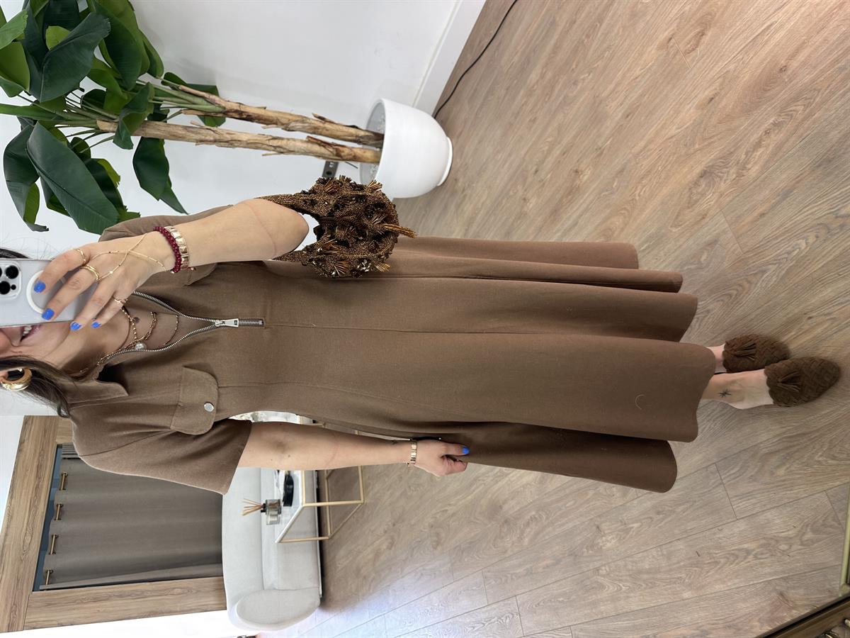 Önü Fermuar Detaylı Midi Elbise - Kahverengi