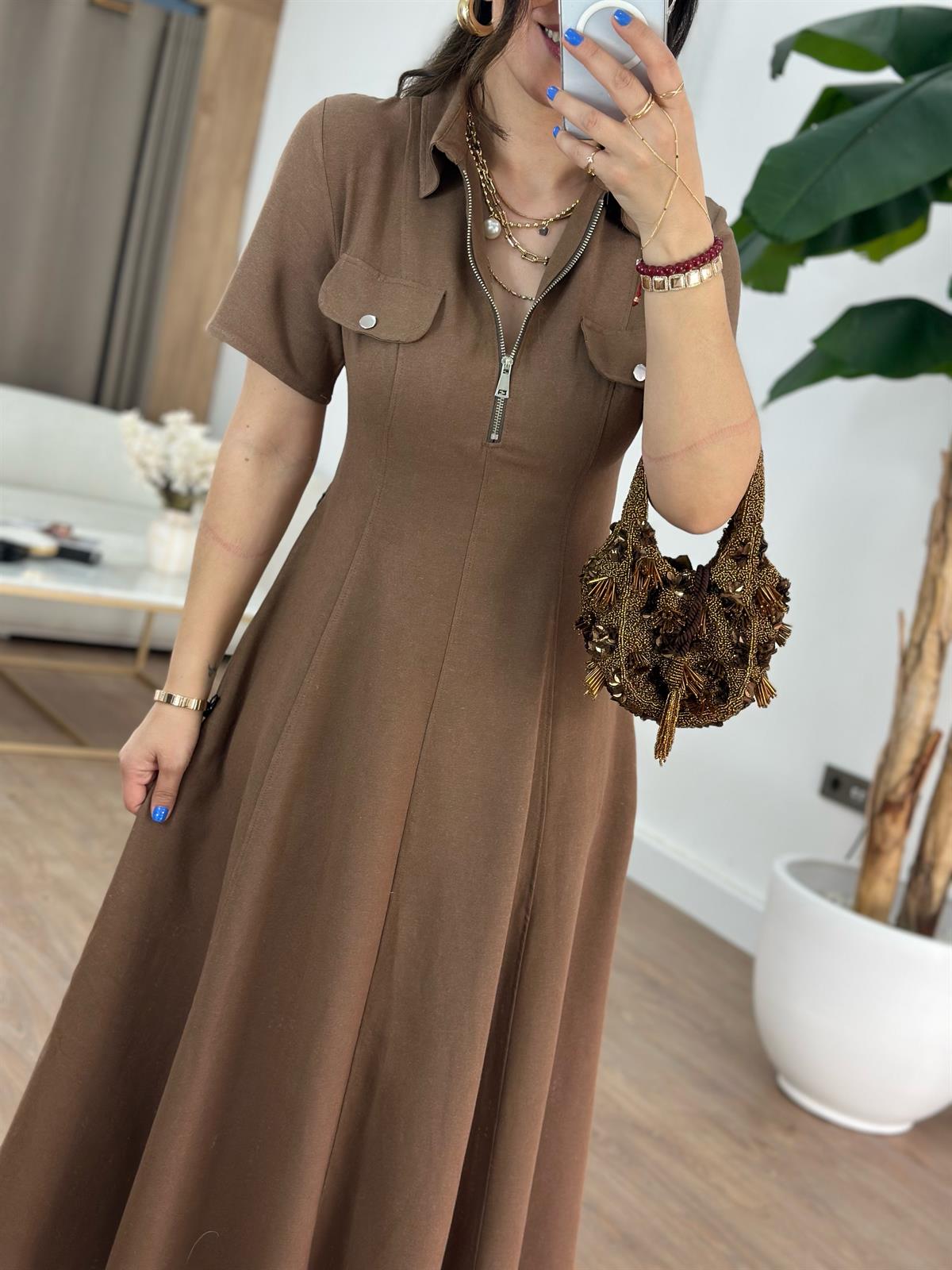 Önü Fermuar Detaylı Midi Elbise - Kahverengi
