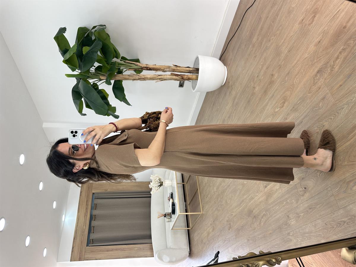 Önü Fermuar Detaylı Midi Elbise - Kahverengi