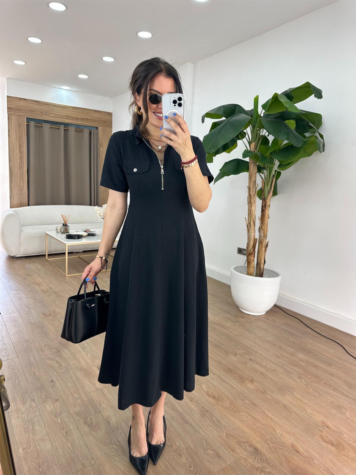 Önü Fermuar Detaylı Midi Elbise - Siyah