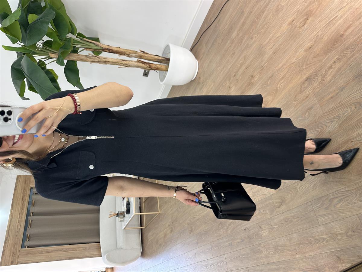 Önü Fermuar Detaylı Midi Elbise - Siyah