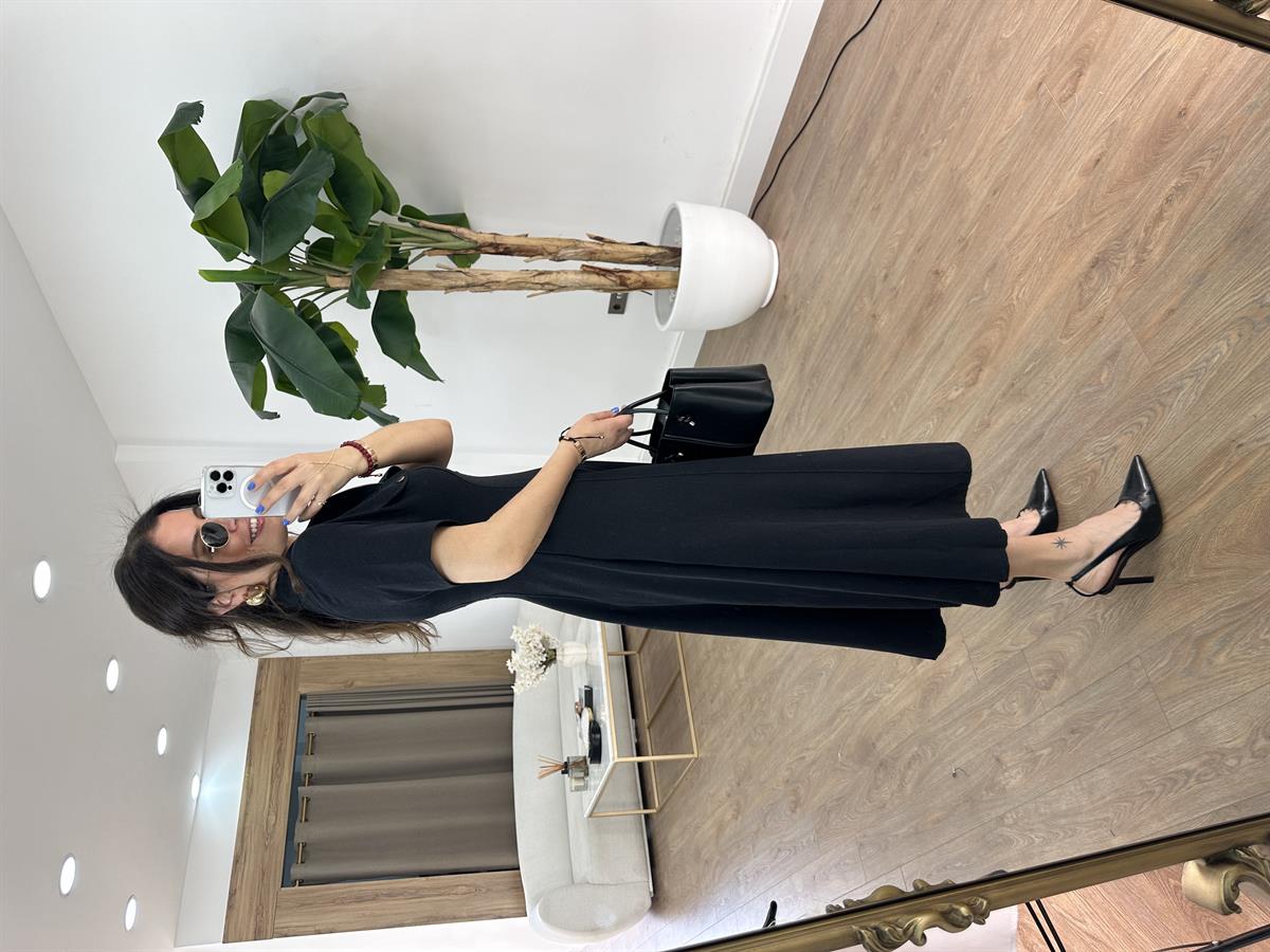 Önü Fermuar Detaylı Midi Elbise - Siyah