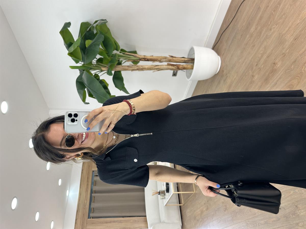 Önü Fermuar Detaylı Midi Elbise - Siyah