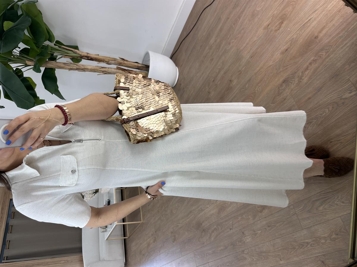 Önü Fermuar Detaylı Midi Elbise - Taş