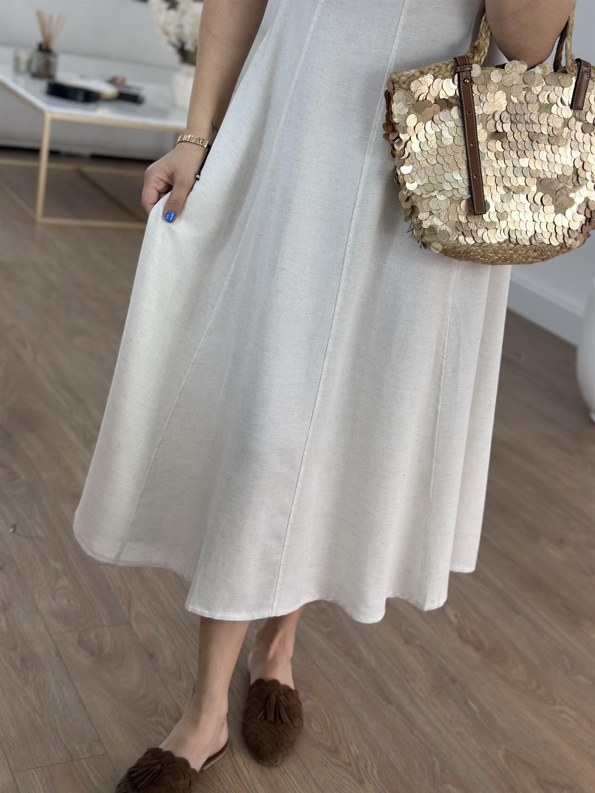 Önü Fermuar Detaylı Midi Elbise - Taş