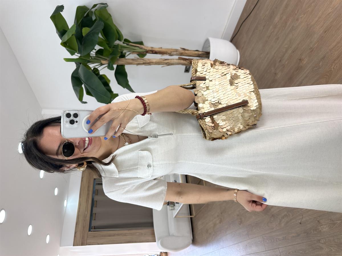 Önü Fermuar Detaylı Midi Elbise - Taş