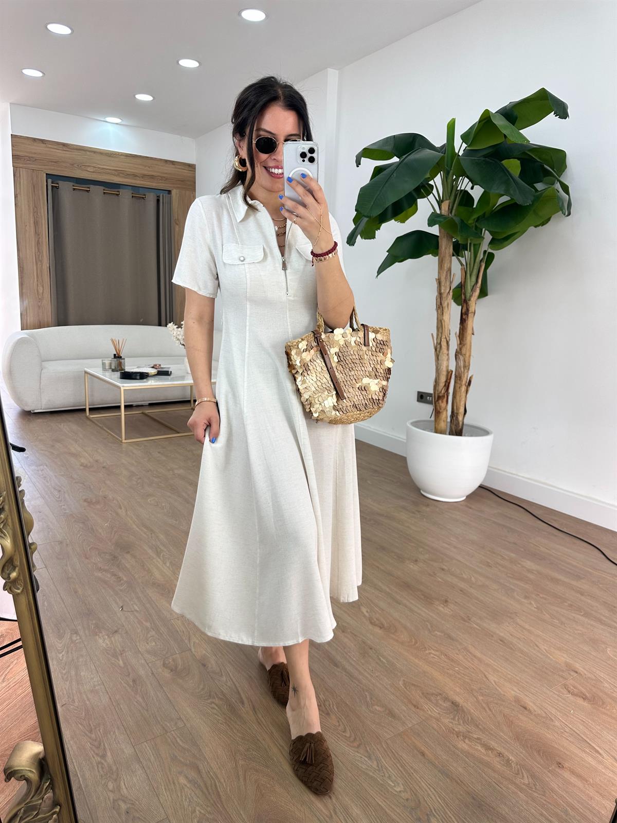 Önü Fermuar Detaylı Midi Elbise - Taş