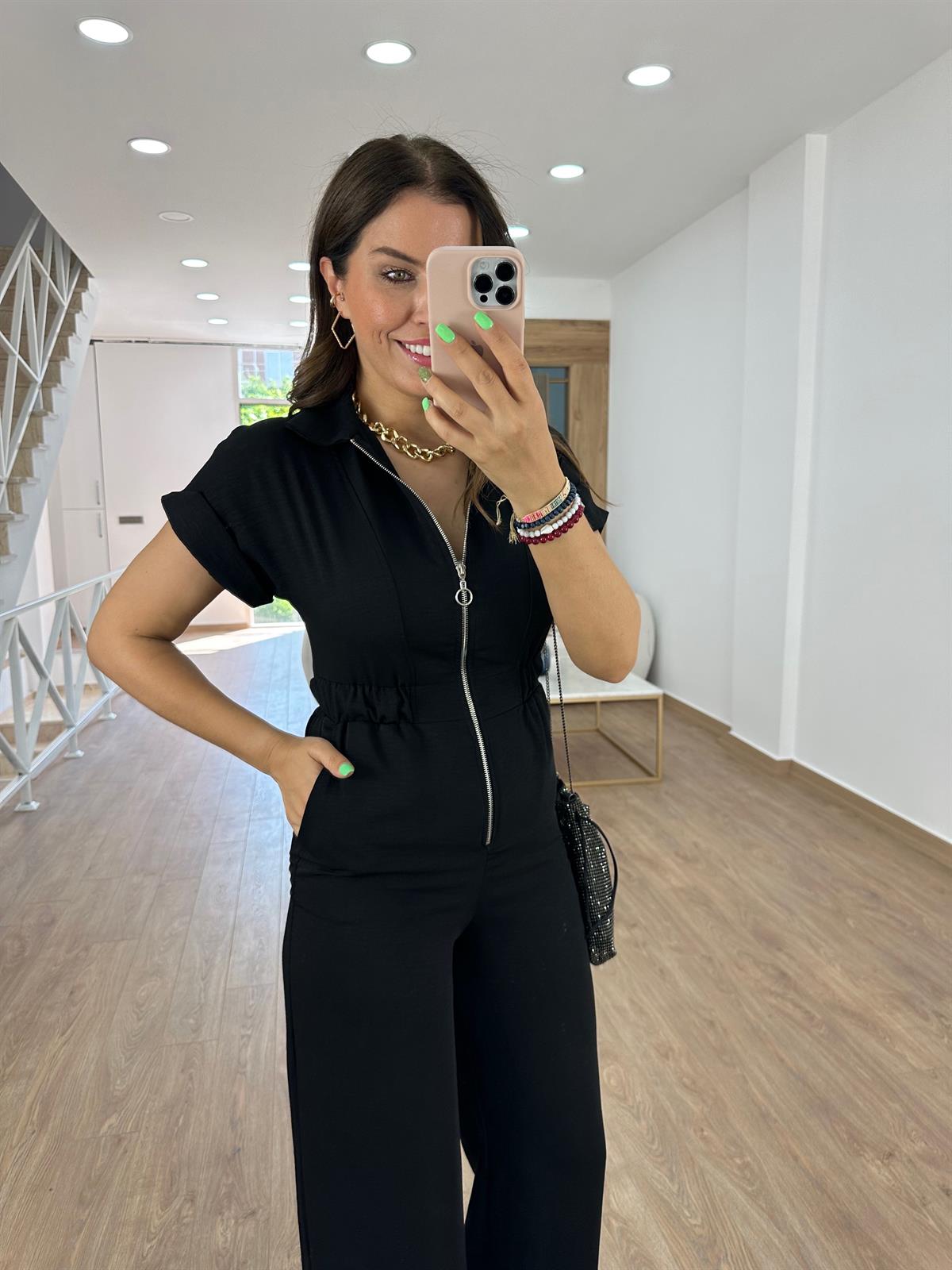 Önü Fermuarlı Beli Lastikli Tulum-Siyah