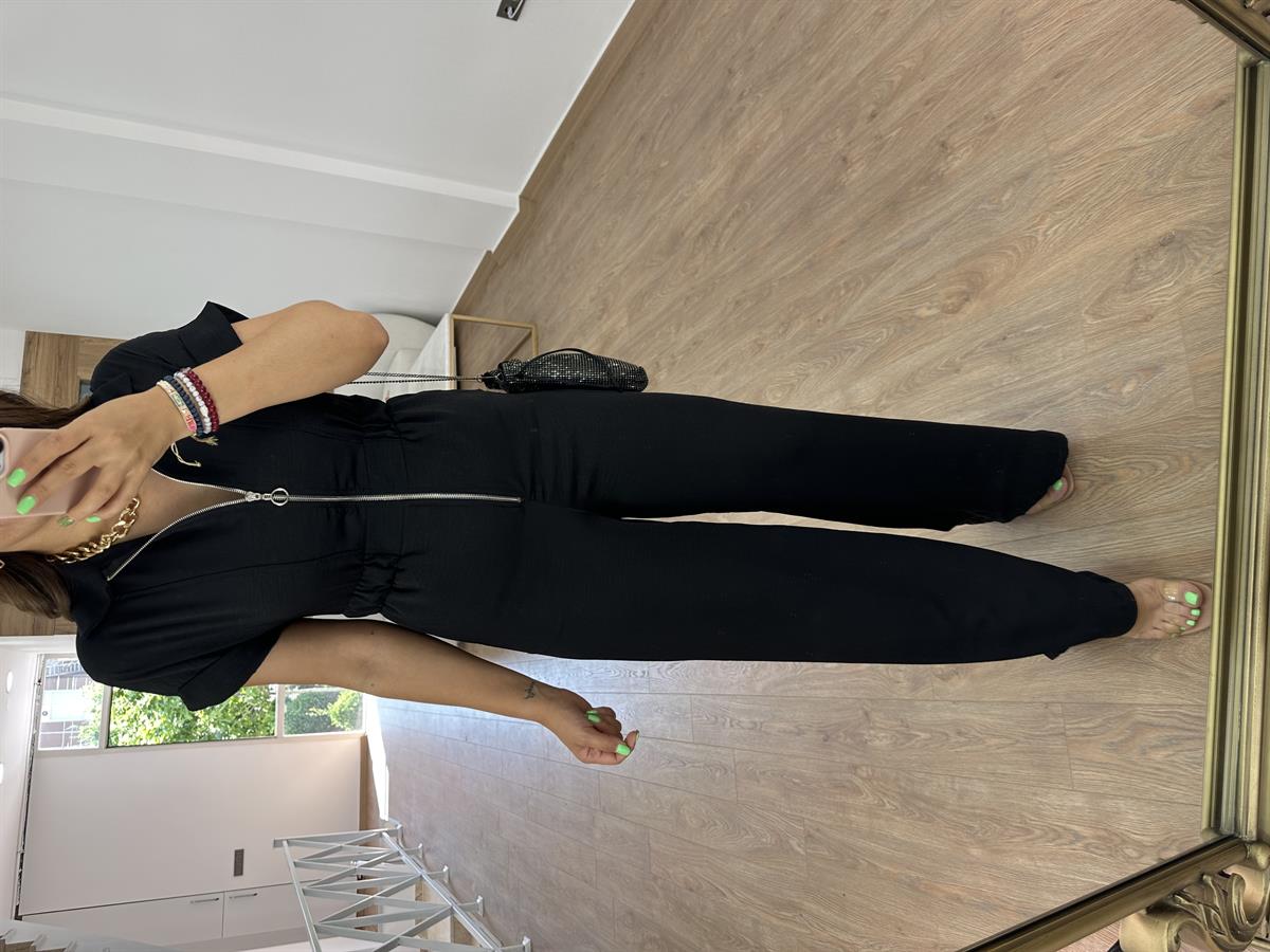 Önü Fermuarlı Beli Lastikli Tulum-Siyah