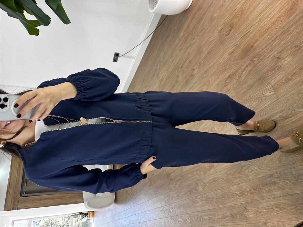 Önü Fermuarlı Beli ve Kolları Lastikli Eşofman Takımı - Lacivert