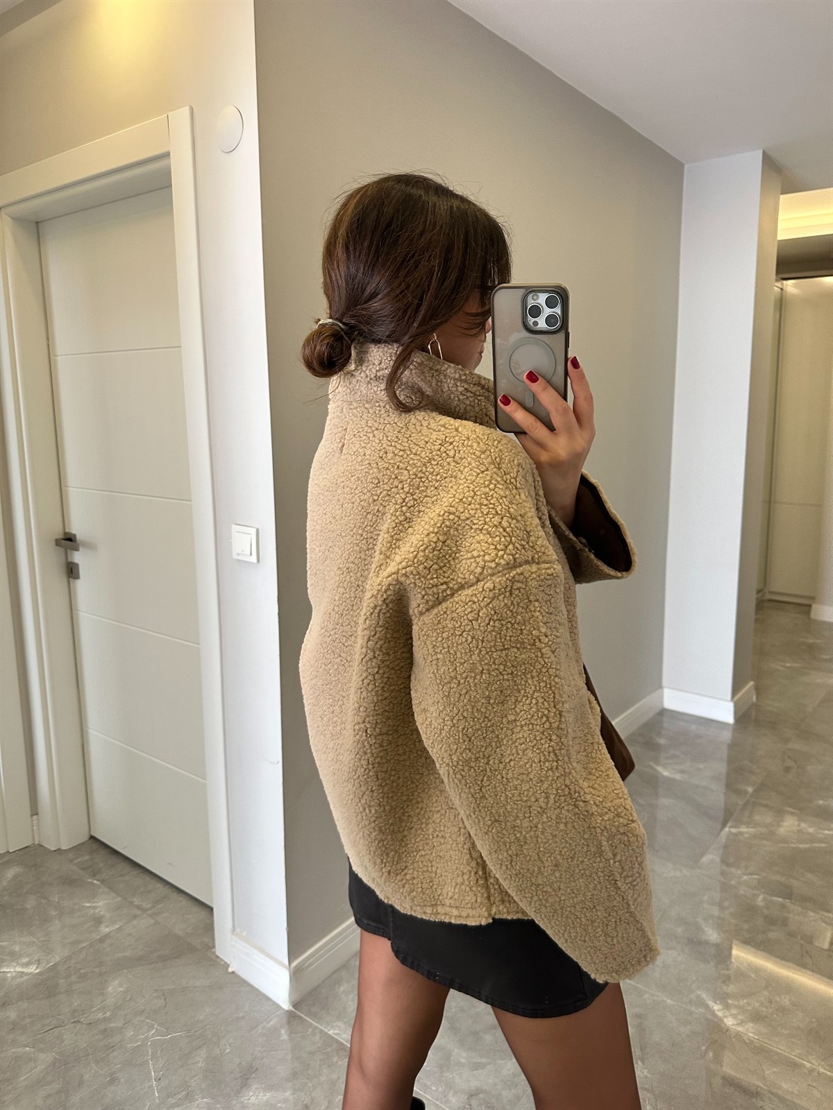 Önü Fermuarlı Biyeli Teddy Mont - Camel