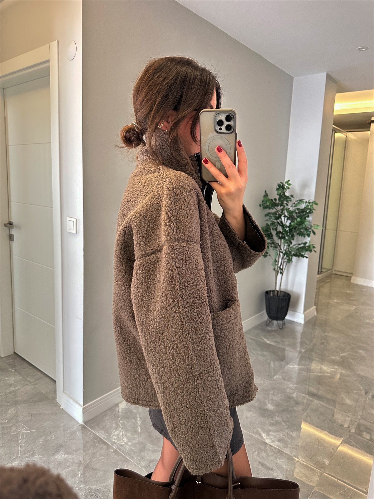 Önü Fermuarlı Biyeli Teddy Mont - Vizon 