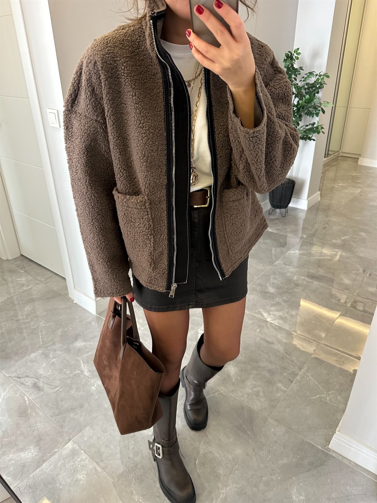 Önü Fermuarlı Biyeli Teddy Mont - Vizon 