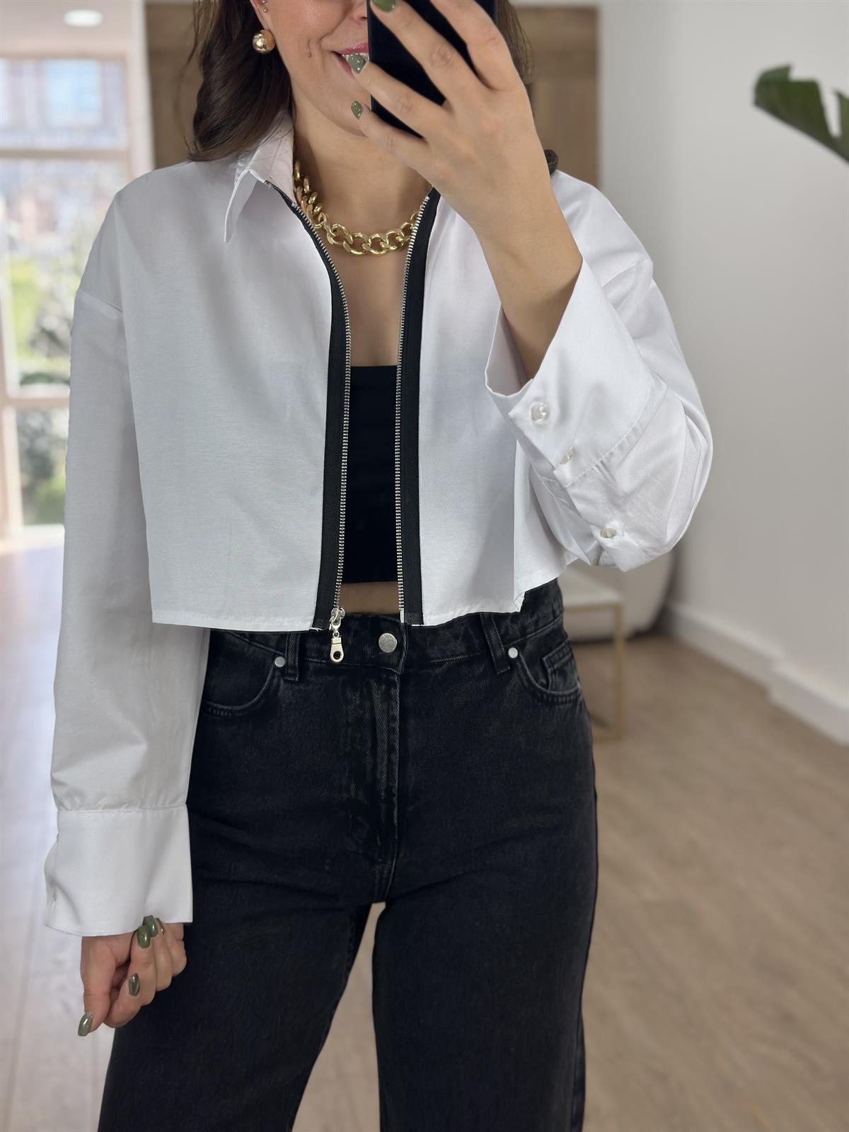 Önü Fermuarlı Crop Gömlek