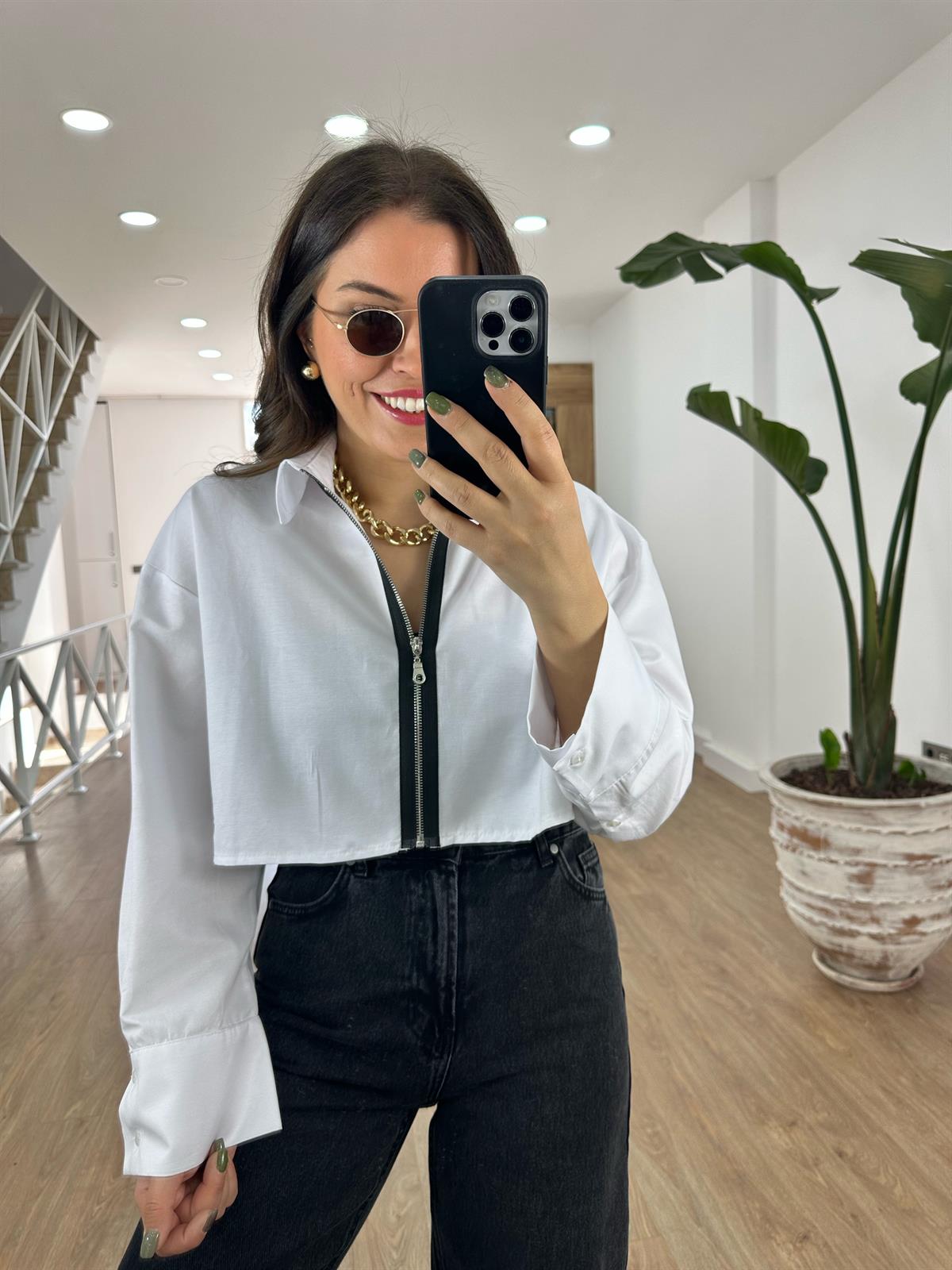 Önü Fermuarlı Crop Gömlek