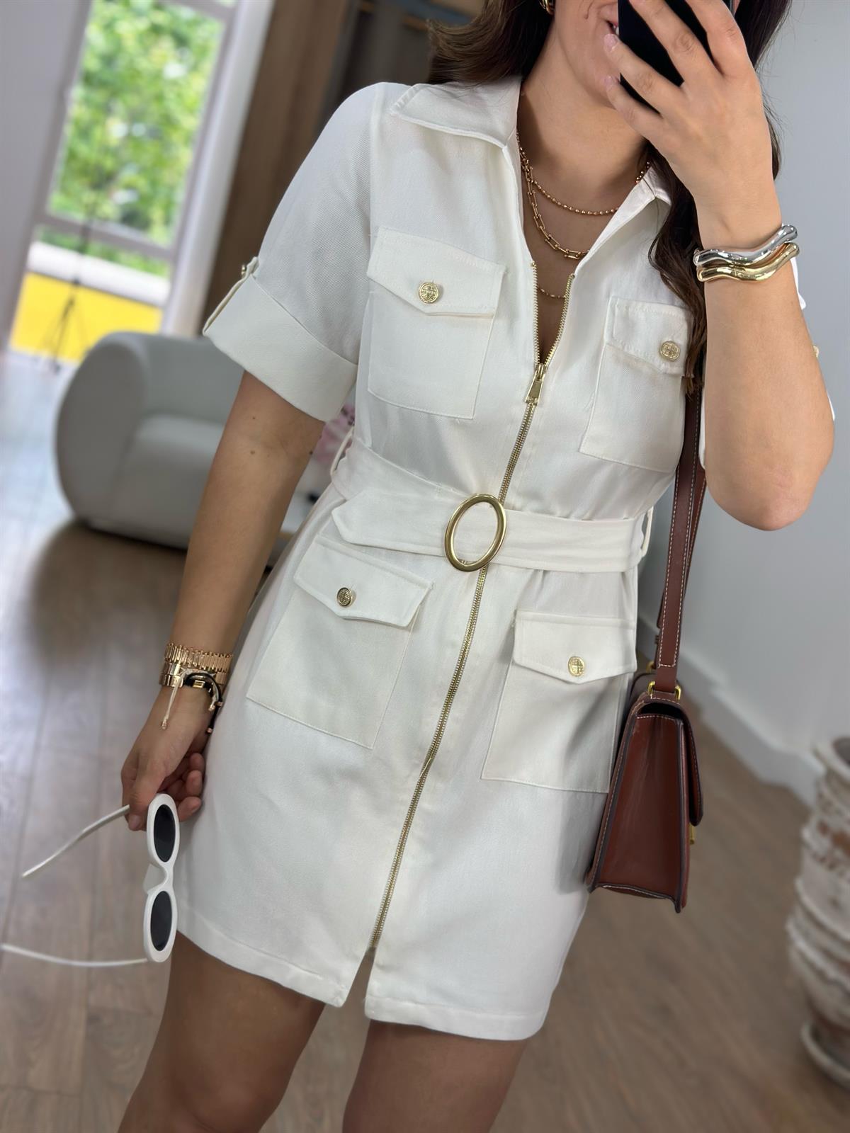 Önü Fermuarlı Kemerli Denim Elbise