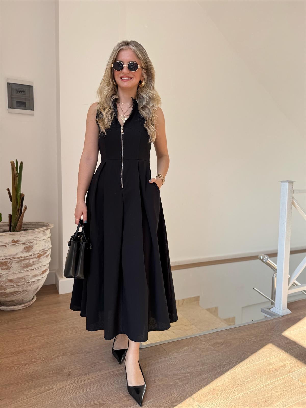 Önü Fermuarlı Sıfır Kol Midi Elbise - Siyah