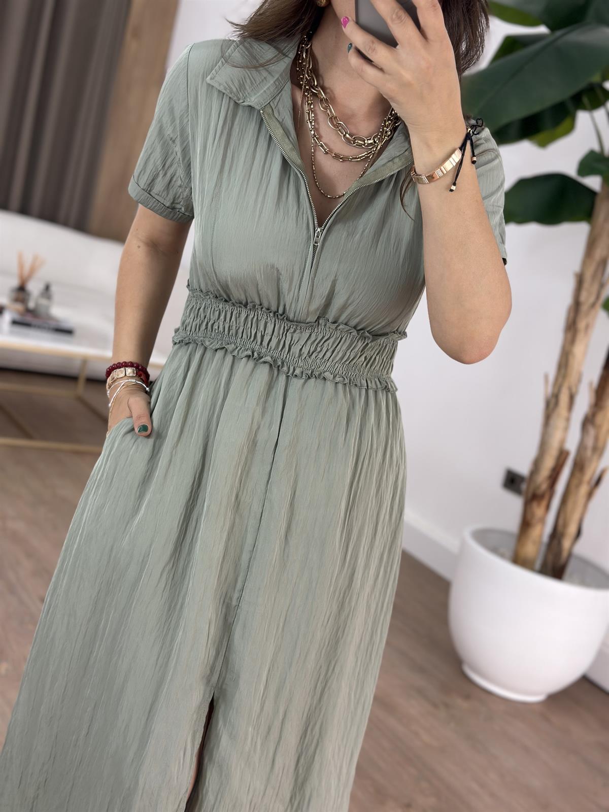 Önü Fermuarlı Tensel Midi Elbise - Çağla Yeşili