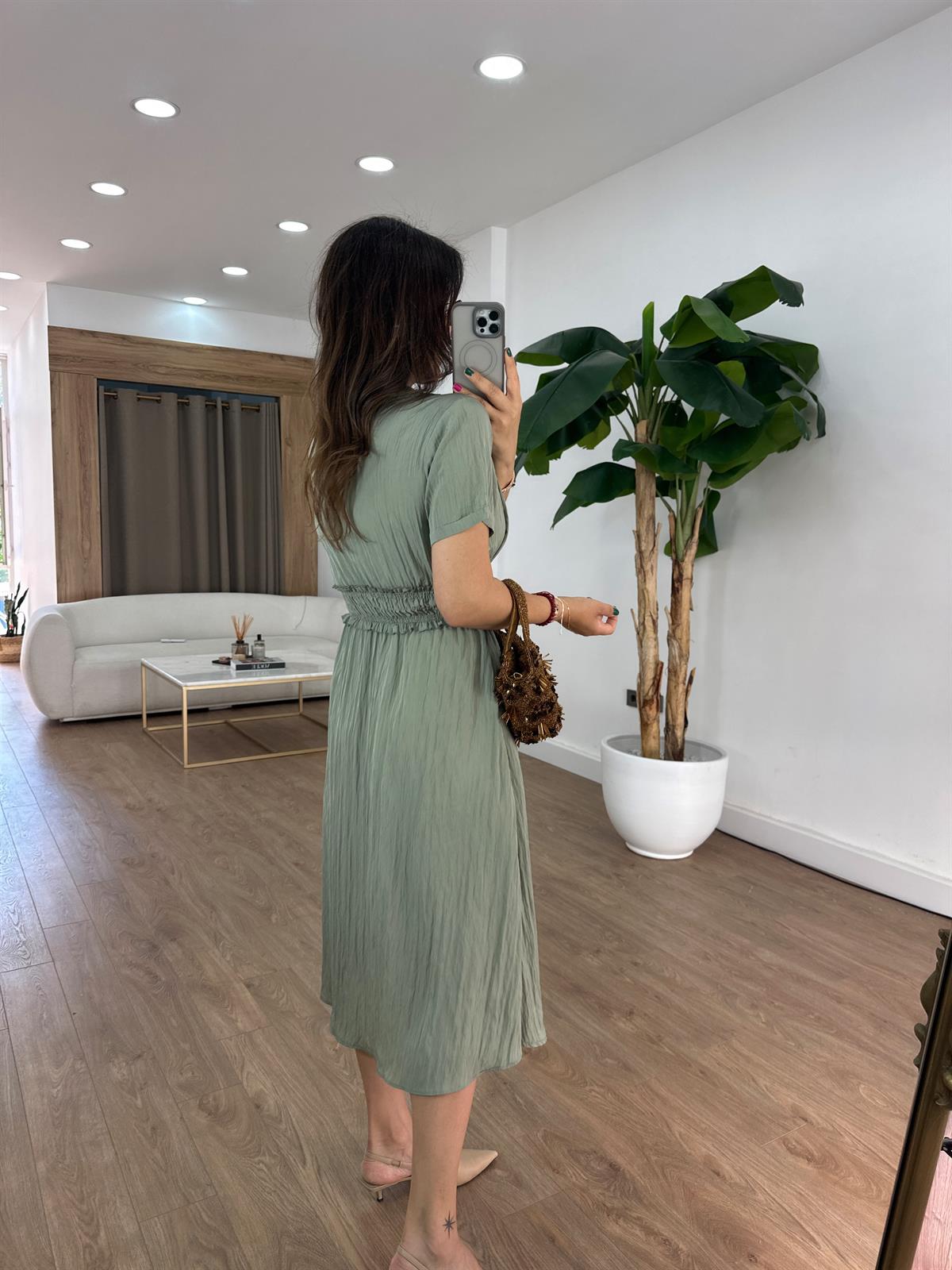 Önü Fermuarlı Tensel Midi Elbise - Çağla Yeşili