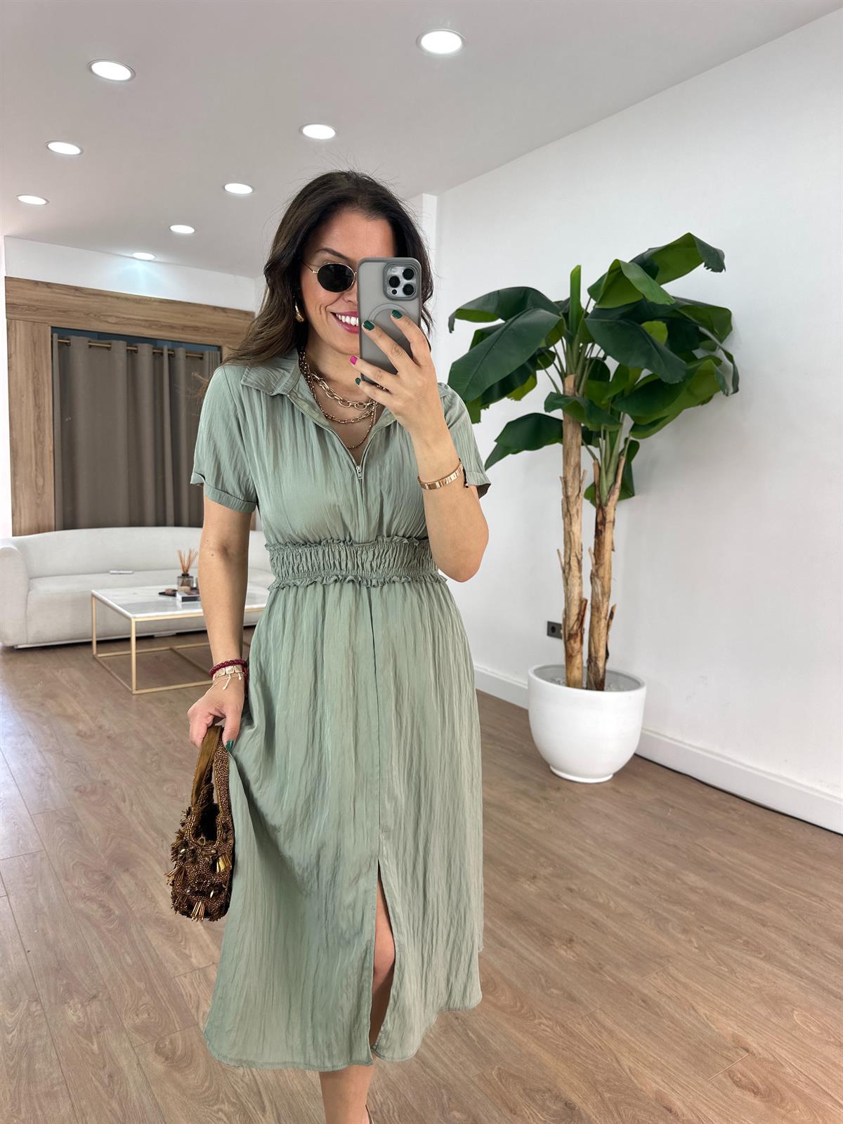 Önü Fermuarlı Tensel Midi Elbise - Çağla Yeşili