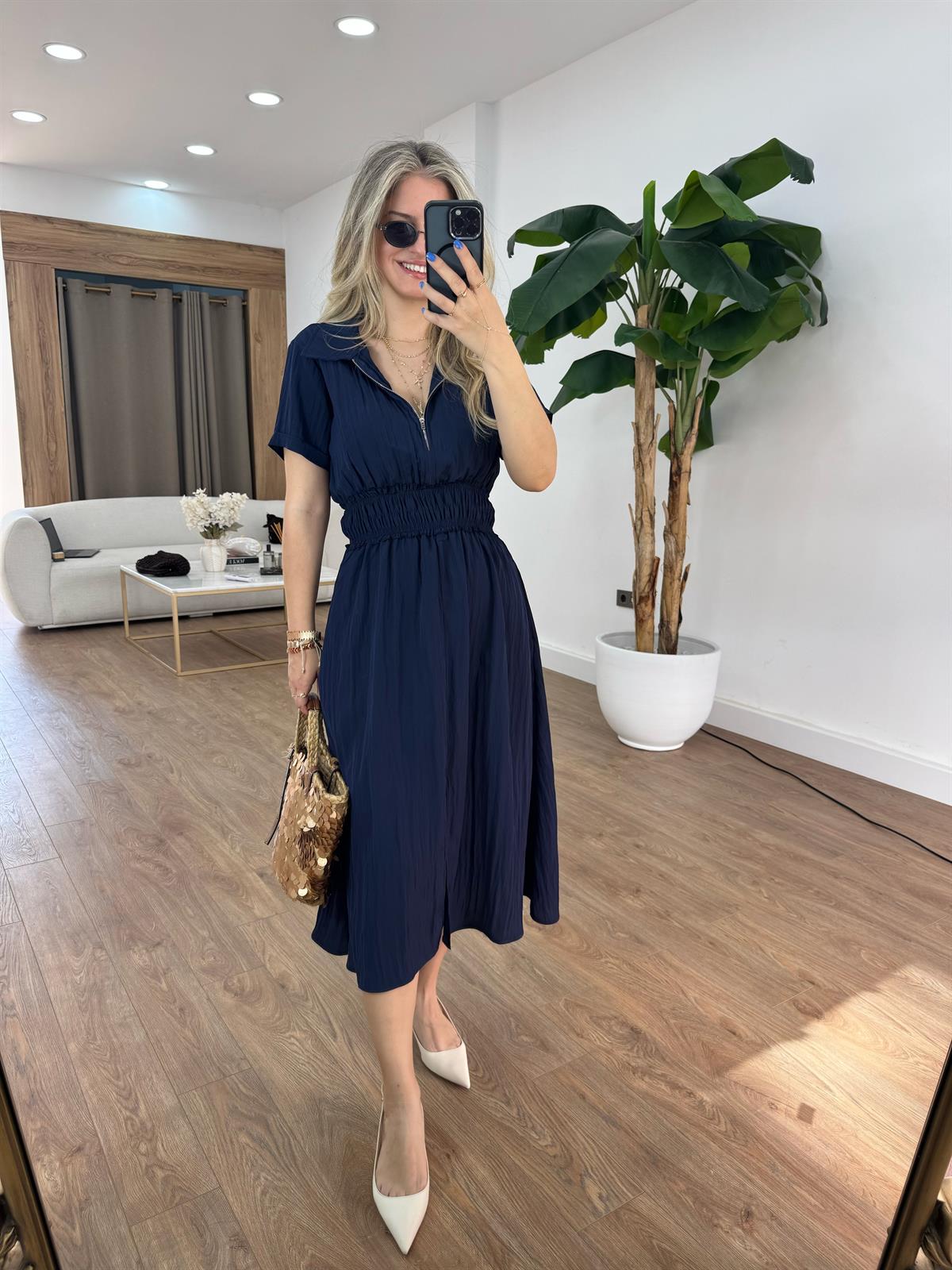 Önü Fermuarlı Tensel Midi Elbise - Lacivert