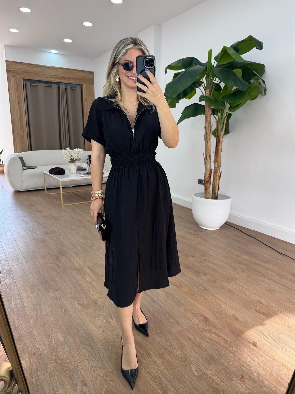 Önü Fermuarlı Tensel Midi Elbise - Siyah