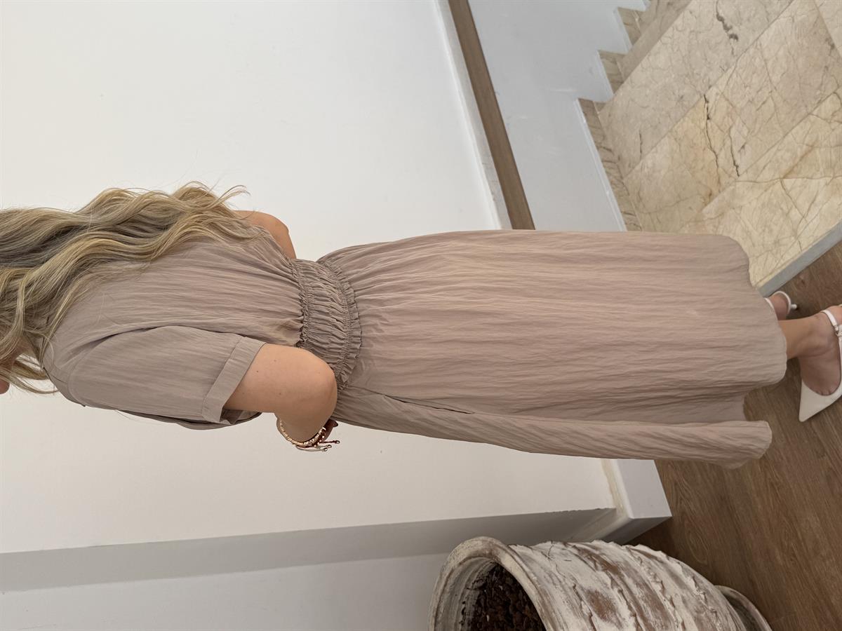 Önü Fermuarlı Tensel Midi Elbise - Vizon