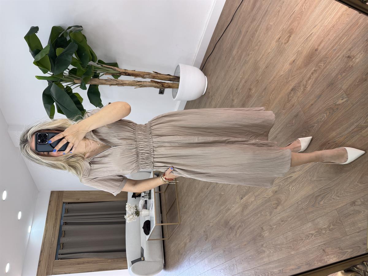 Önü Fermuarlı Tensel Midi Elbise - Vizon