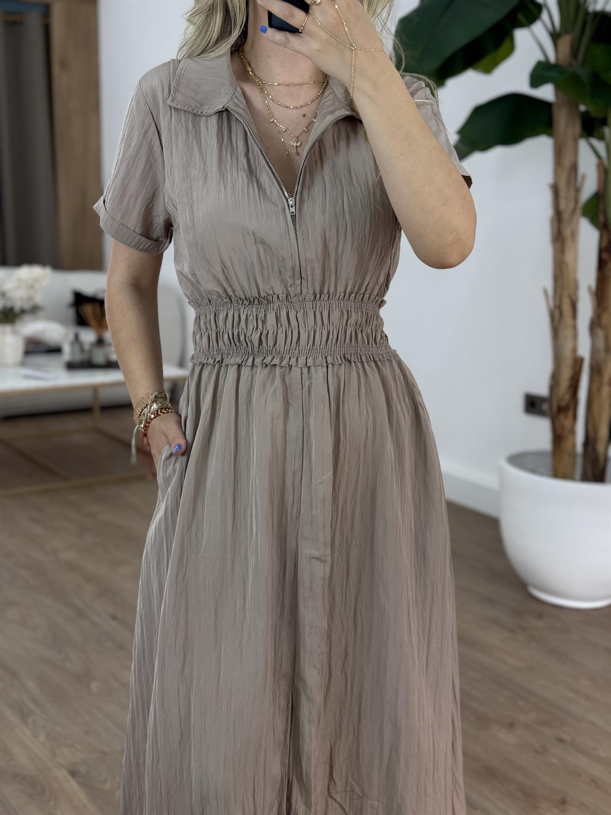 Önü Fermuarlı Tensel Midi Elbise - Vizon