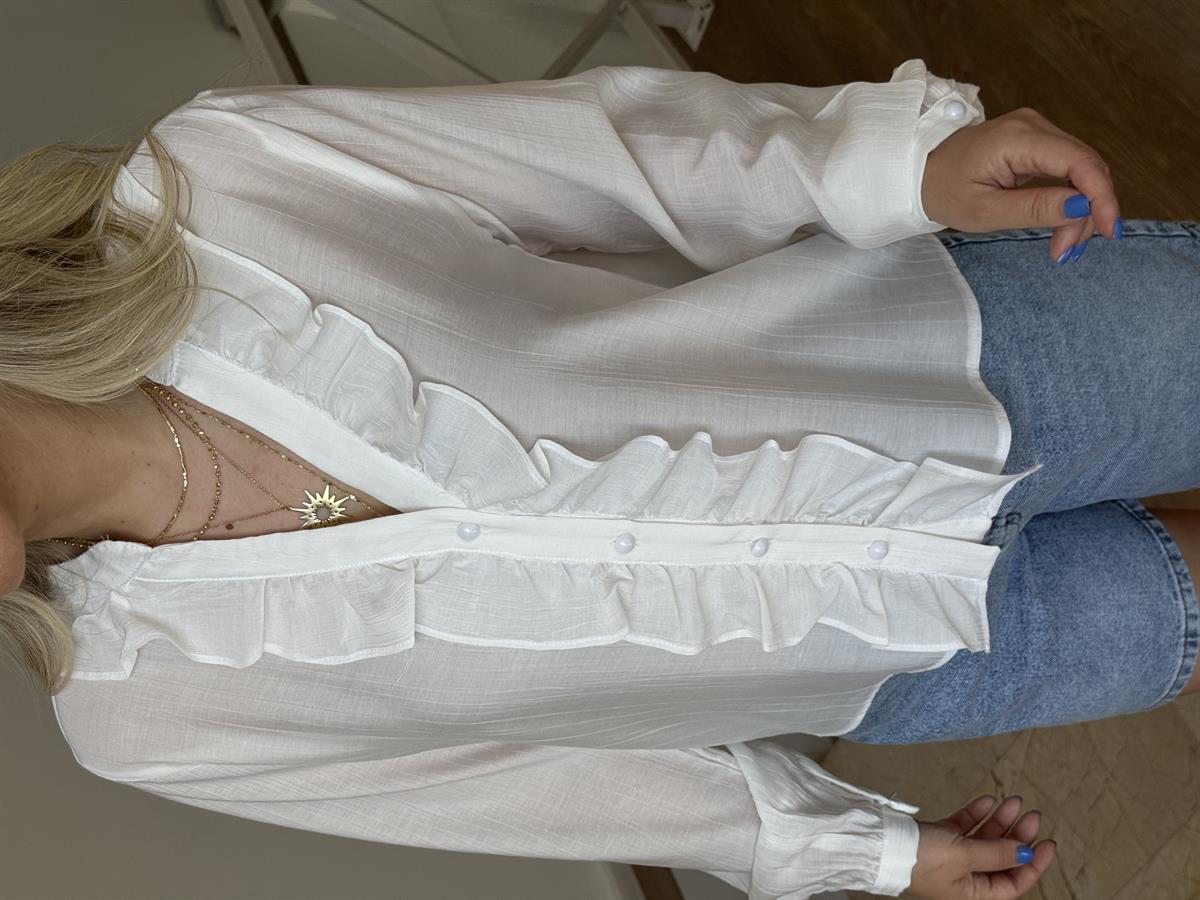 Önü Fırfırlı Çizgili Gömlek - Beyaz