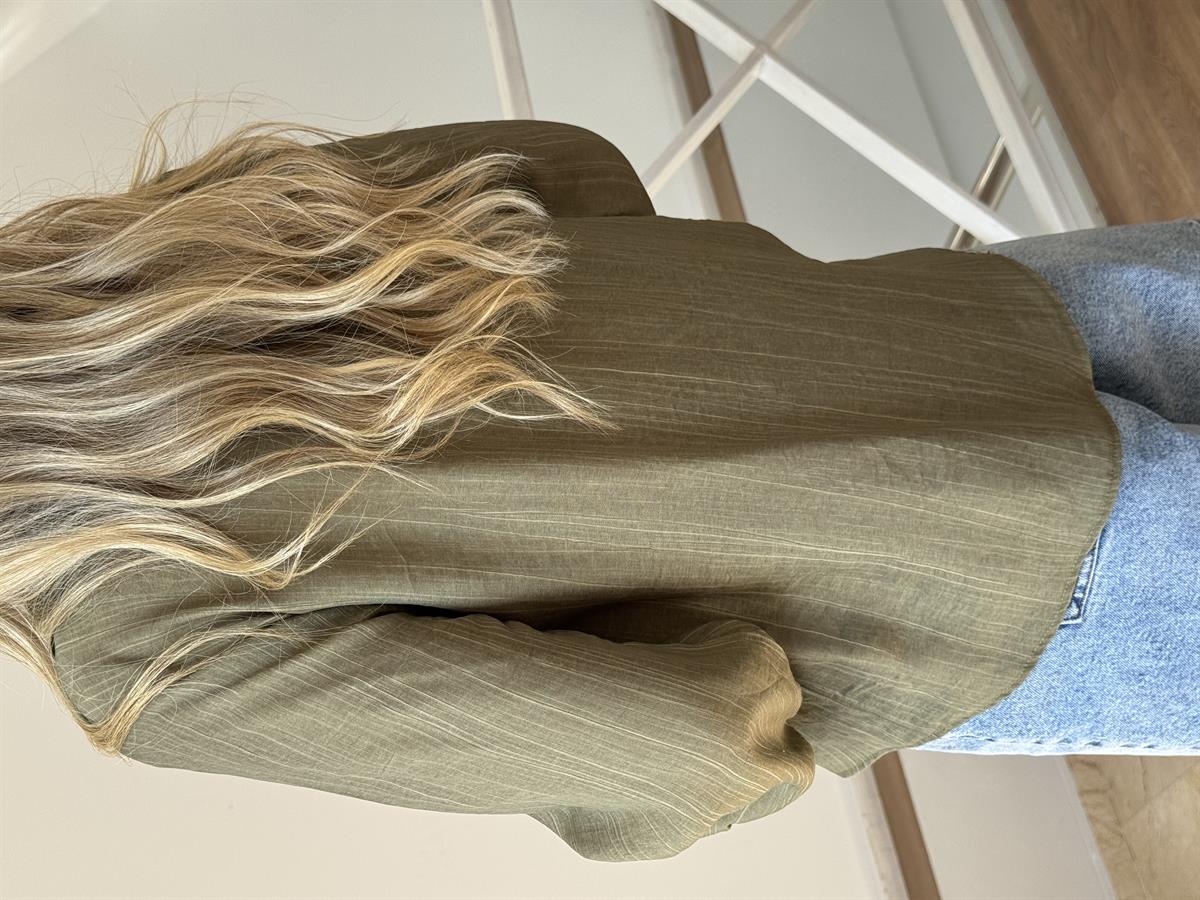 Önü Fırfırlı Çizgili Gömlek - Haki