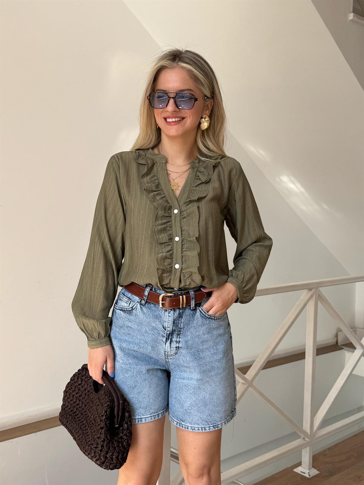 Önü Fırfırlı Çizgili Gömlek - Haki