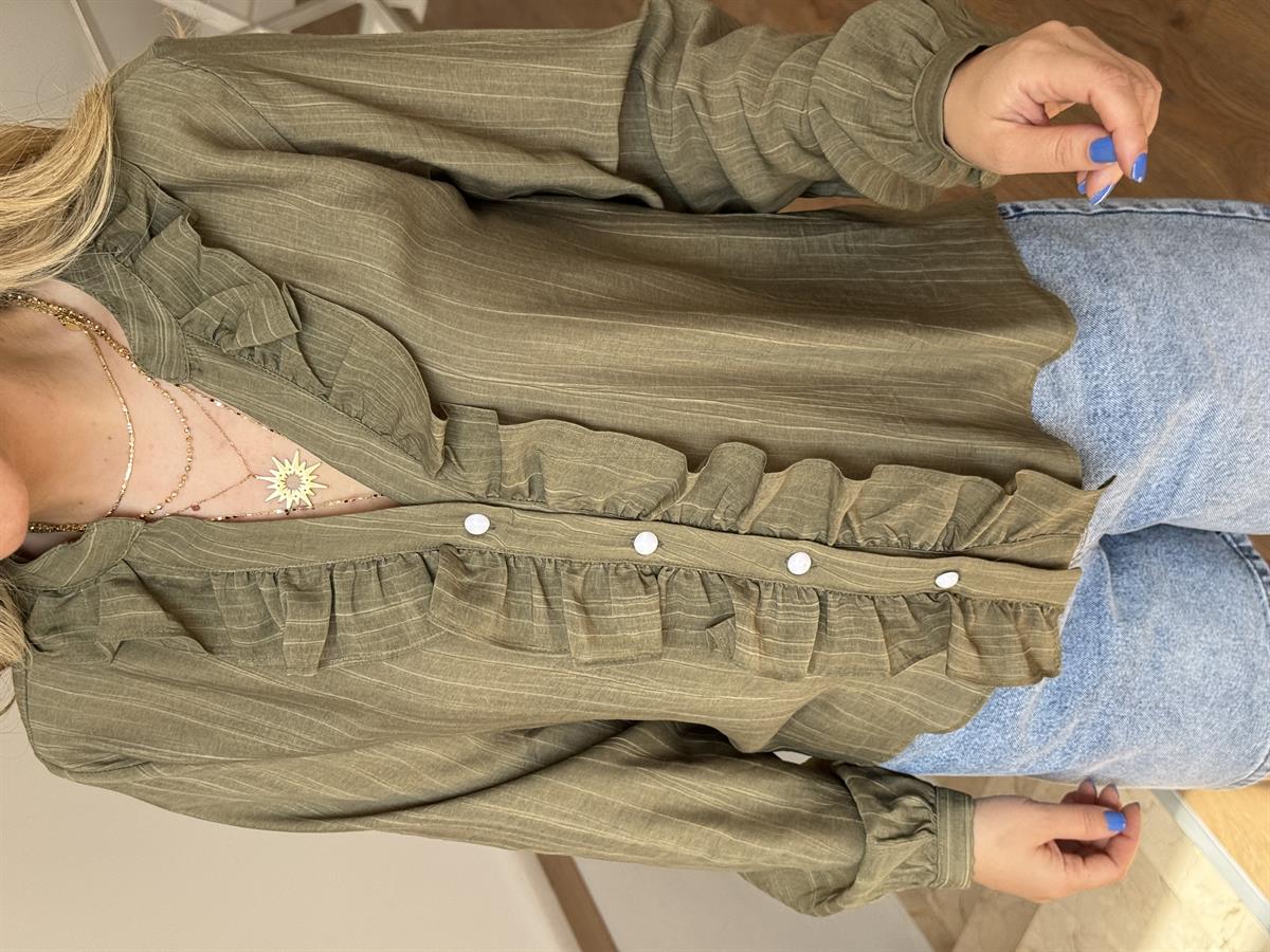 Önü Fırfırlı Çizgili Gömlek - Haki